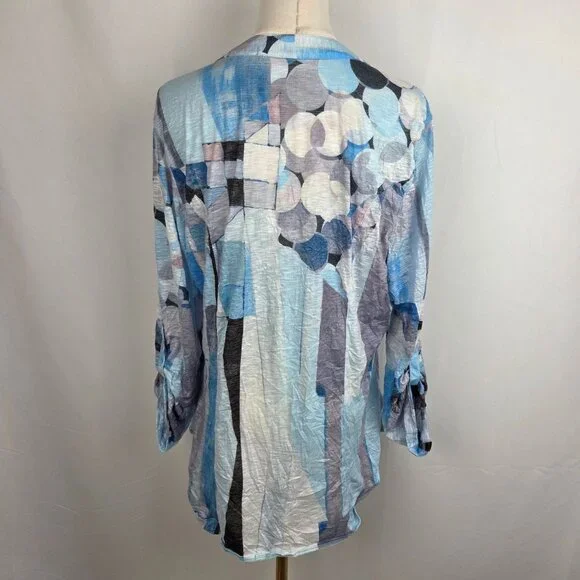 David Cline Top Large Crinkle 1/4 Snap Front Abstract Print Crushed Blue Gray - Picture 3 of 7